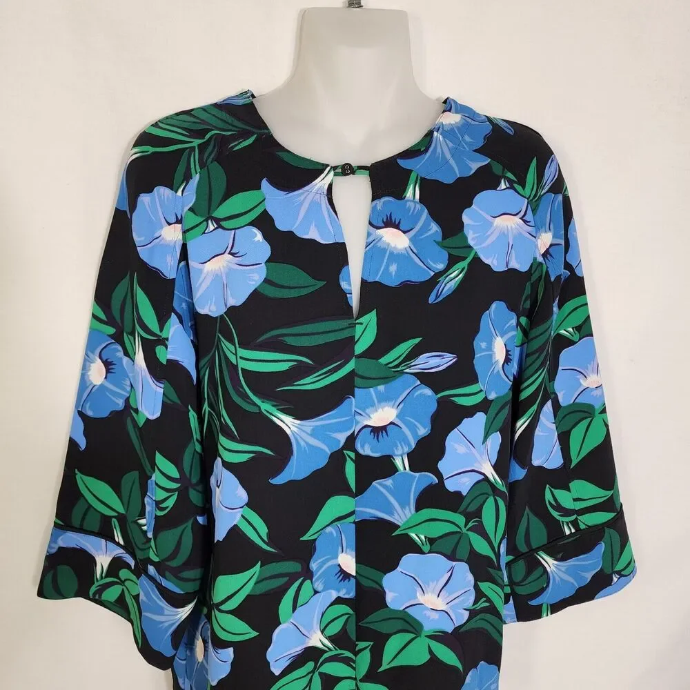 Ann Taylor Womens Top XS Garden Spit Neck 3/4 Sleeve Floral Print Fresh Grass